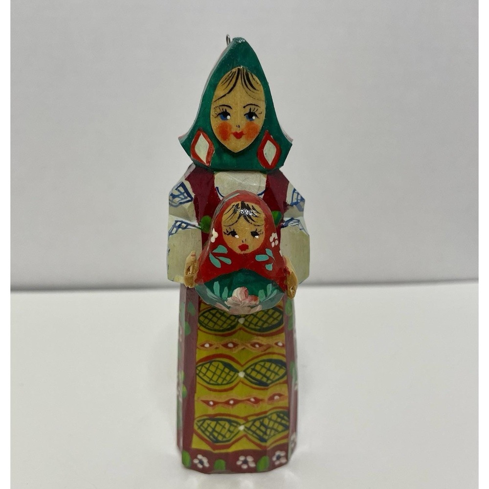 Russian Hand Carved Signed Ceprueb Nocag Mother & Baby Ornament 5" Hand Painted